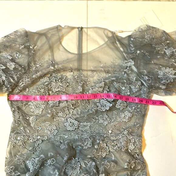 NEW Mac Duggal women’s embroidered illusion high neck puff sleeve dress size 16 - Picture 12 of 14